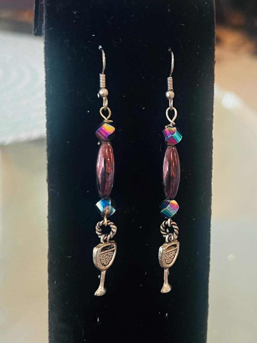 Handcrafted Vintage Purple Bead Wine Glass Charm Drop Earrings